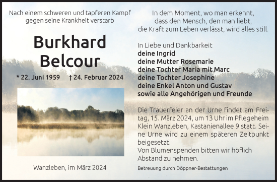 Traueranzeige von Burkhard Belcour von Volksstimme Oschersleben/Wanzleben