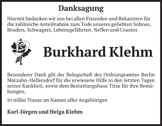 Traueranzeige von Burkhard Klehm von Volksstimme Burg/Genthin
