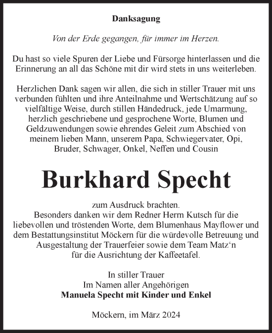 Traueranzeige von Burkhard Specht von Volksstimme Burg/Genthin
