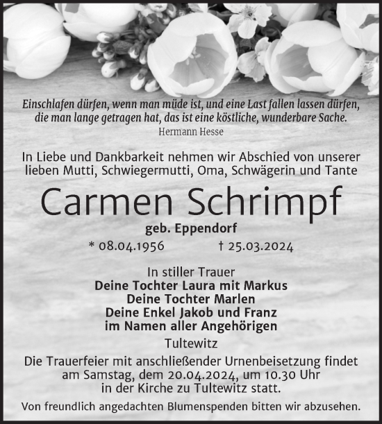 Traueranzeige von Carmen Schrimpf von Naumburger Tageblatt