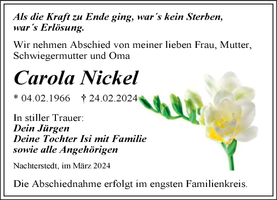 Traueranzeige von Carola Nickel von Trauerkombi Aschersleben