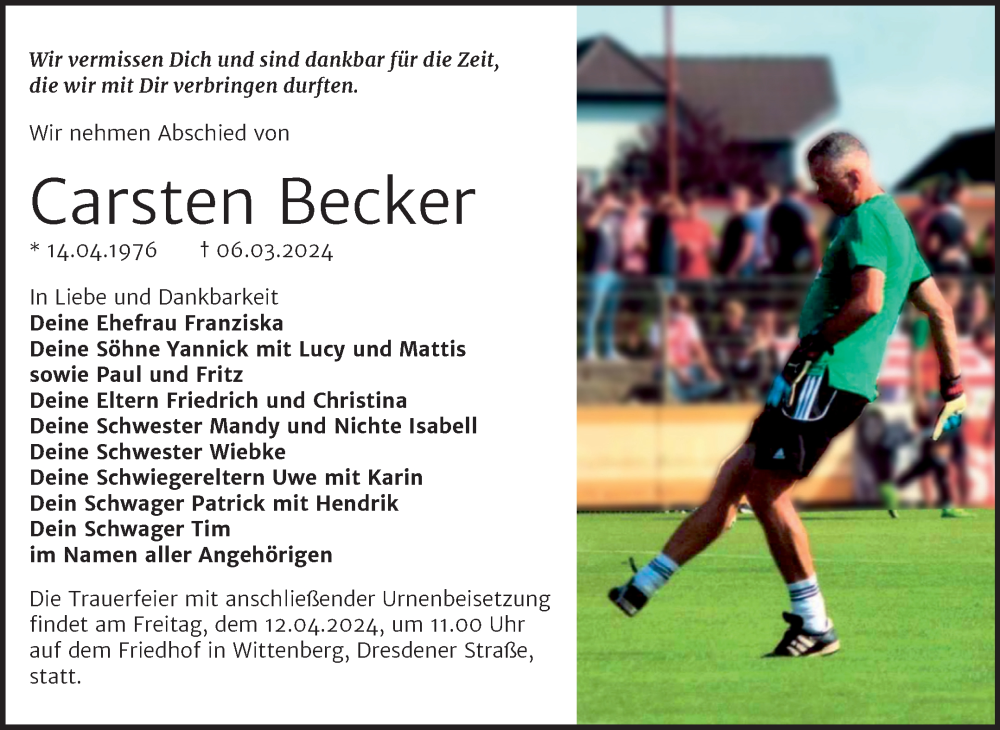  Traueranzeige für Carsten Becker vom 16.03.2024 aus Trauerkombi Wittenberg