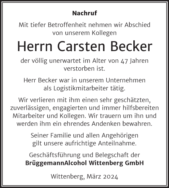 Traueranzeige von Carsten Becker von Super Sonntag Wittenberg