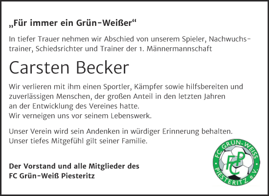 Traueranzeige von Carsten Becker von Super Sonntag Wittenberg