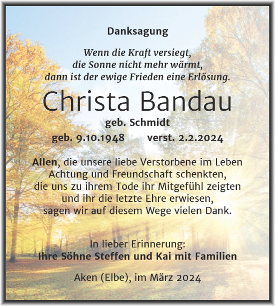 Traueranzeige von Christa Bandau von Trauerkombi Köthen