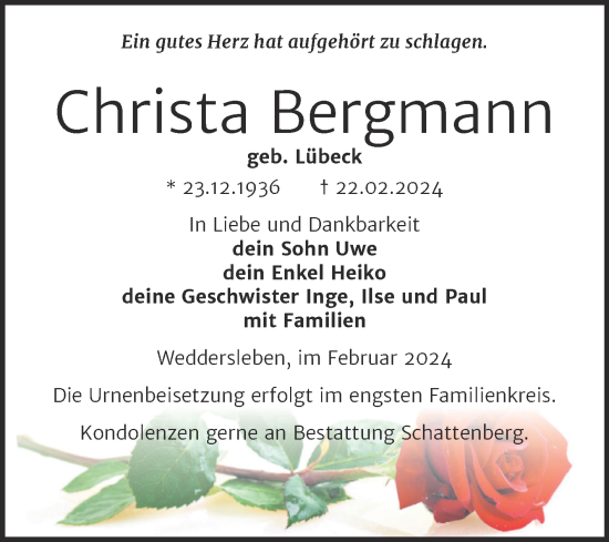Traueranzeige von Christa Bergmann von Trauerkombi Quedlinburg