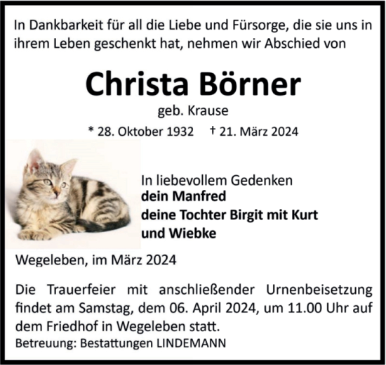 Traueranzeige von Christa Börner von Volksstimme Halberstadt