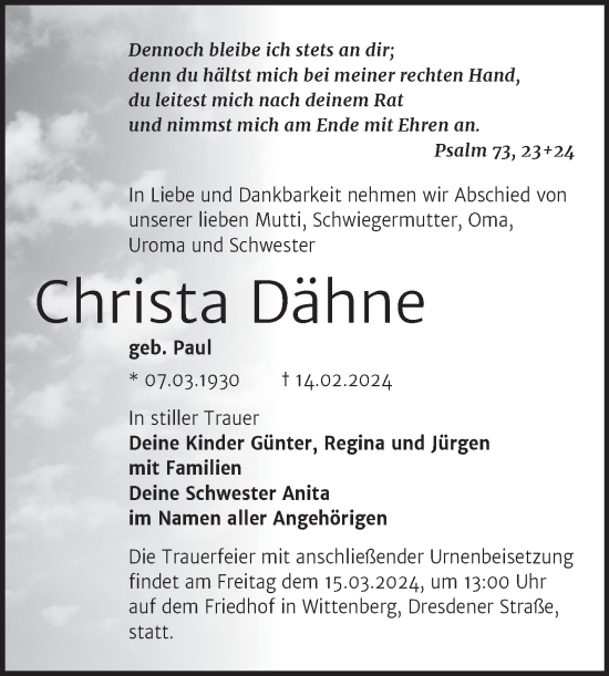Traueranzeige von Christa Dähne von Trauerkombi Wittenberg