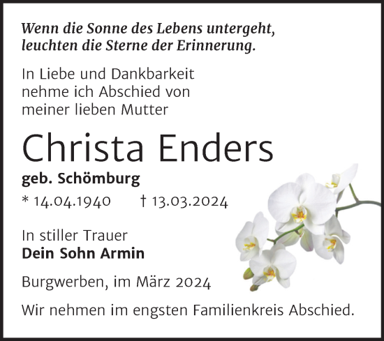 Traueranzeige von Christa Enders von Trauerkombi Weißenfels