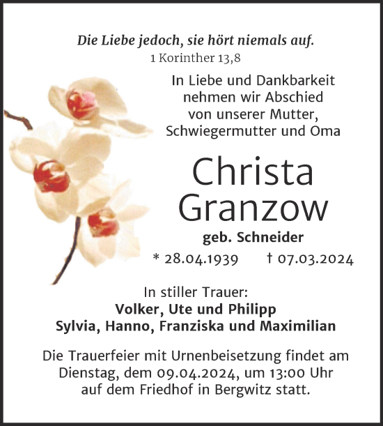 Traueranzeige von Christa Granzow von Trauerkombi Wittenberg