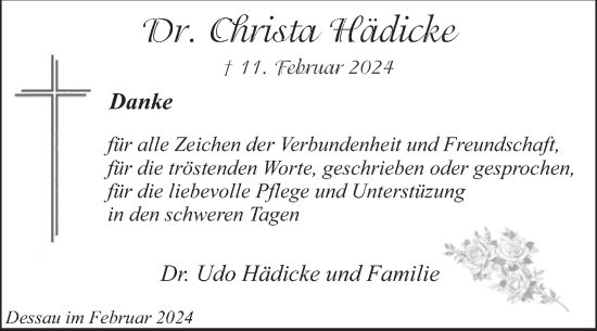 Traueranzeige von Christa Hädicke von Trauerkombi Dessau