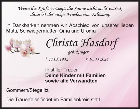 Traueranzeige von Christa Hasdorf von Volksstimme Burg/Genthin