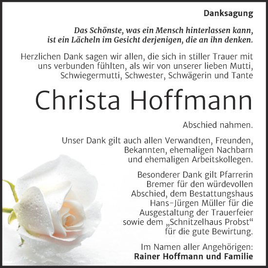 Traueranzeige von Christa Hoffmann von Trauerkombi Aschersleben