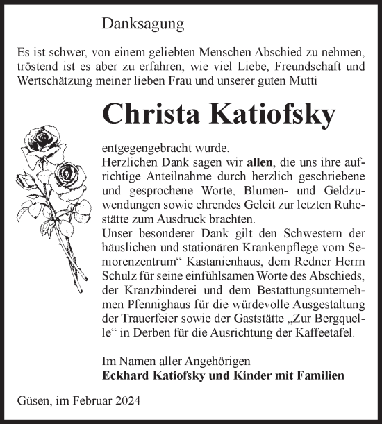 Traueranzeige von Christa Katiofsky von Volksstimme Burg/Genthin