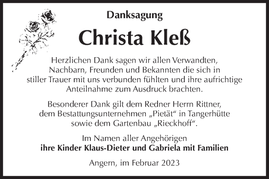 Traueranzeige von Christa Kleß von Volksstimme Haldensleben/Wolmirstedt