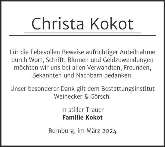 Traueranzeige von Christa Kokot von Trauerkombi Bernburg