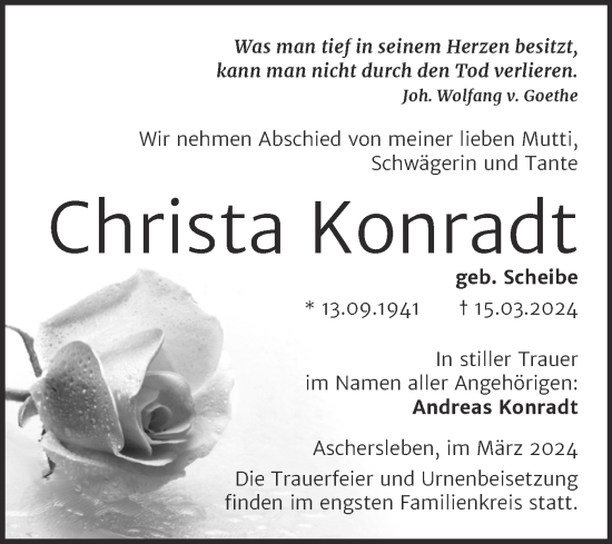 Traueranzeige von Christa Konradt von Trauerkombi Aschersleben