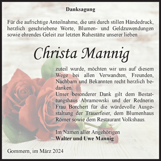 Traueranzeige von Christa Mannig von Volksstimme Burg/Genthin