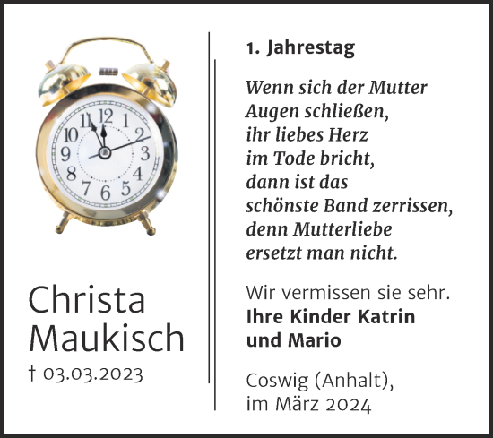 Traueranzeige von Christa Maukisch von Trauerkombi Wittenberg