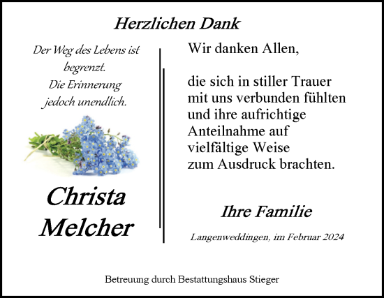 Traueranzeige von Christa Melcher von Volksstimme Oschersleben/Wanzleben