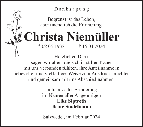Traueranzeige von Christa Niemüller von Volksstimme Altmark West