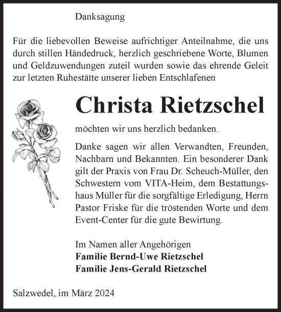 Traueranzeige von Christa Rietzschel von Volksstimme Altmark West