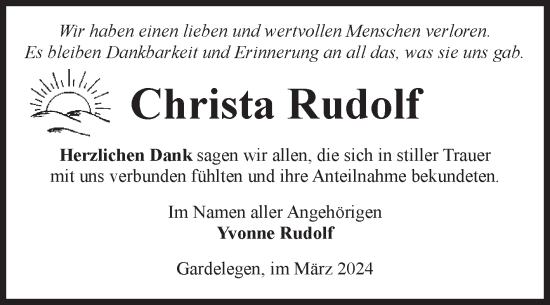 Traueranzeige von Christa Rudolf von Volksstimme Altmark West