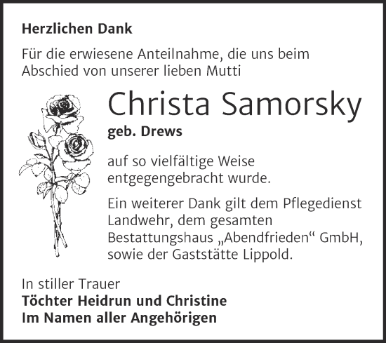 Traueranzeige von Christa Samorsky von Trauerkombi Merseburg