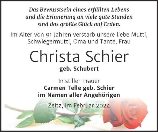 Traueranzeige von Christa Schier von Trauerkombi Zeitz