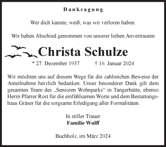 Traueranzeige von Christa Schulze von Volksstimme Altmark Ost