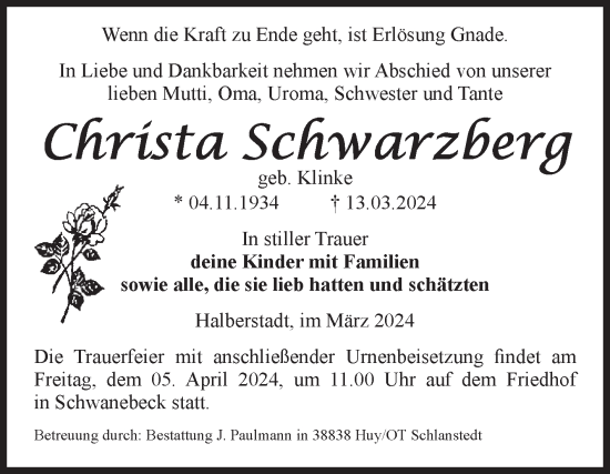 Traueranzeige von Christa Schwarzberg von Volksstimme Halberstadt