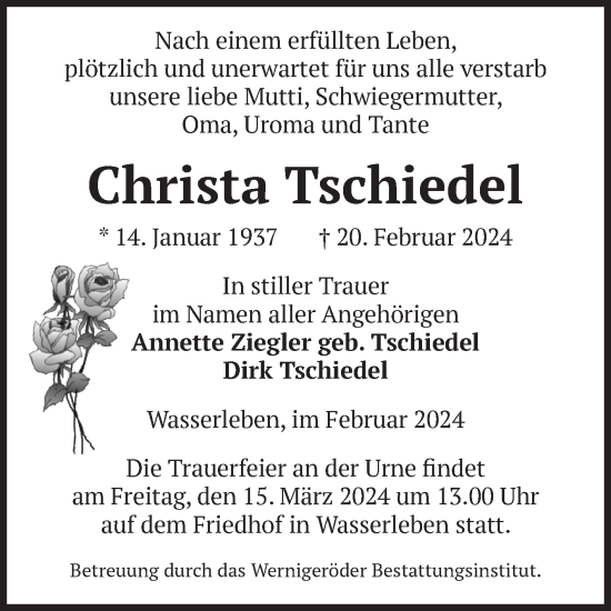 Traueranzeige von Christa Tschiedel von Volksstimme Halberstadt