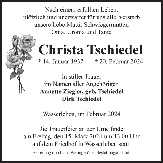 Traueranzeige von Christa Tschiedel von Volksstimme Wernigerode