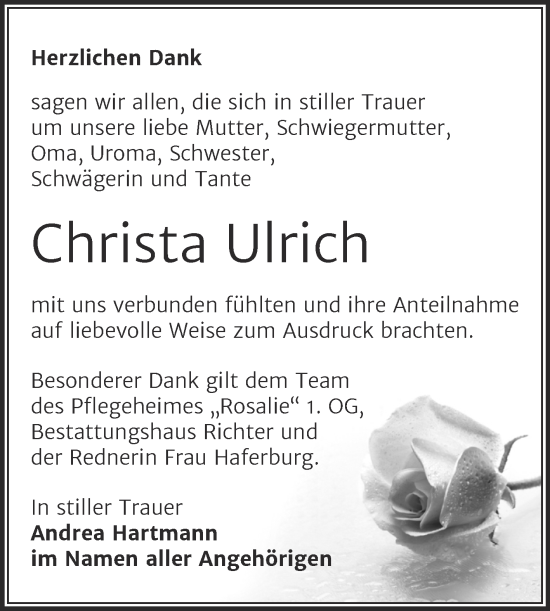 Traueranzeige von Christa Ulrich von Trauerkombi Sangerhausen