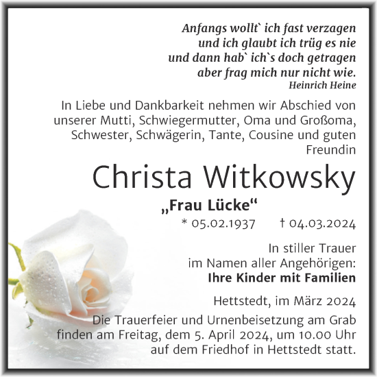 Traueranzeige von Christa Witkowsky von Trauerkombi Mansfelder Land