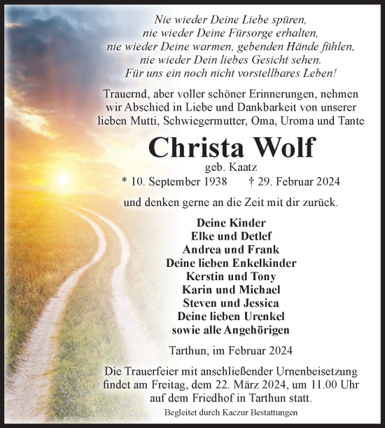 Traueranzeige von Christa Wolf von Volksstimme Staßfurt