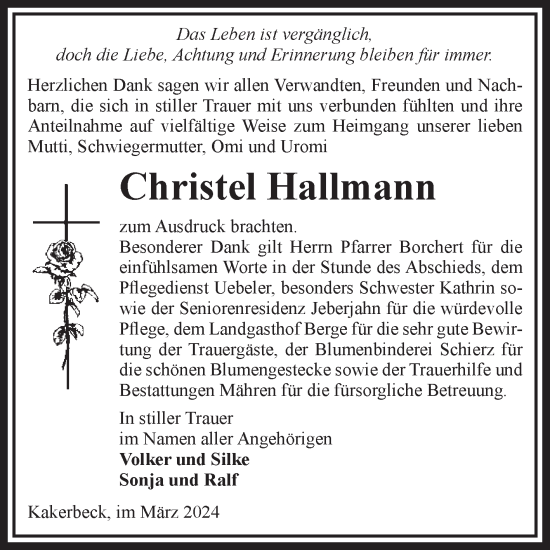 Traueranzeige von Christel Hallmann von Volksstimme Altmark West