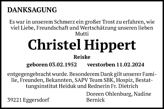 Traueranzeige von Christel Hippert von Volksstimme Schönebeck