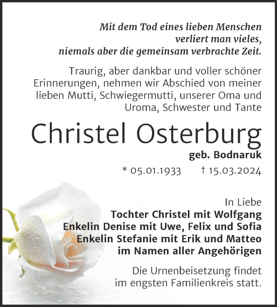 Traueranzeige von Christel Osterburg von Trauerkombi Bernburg