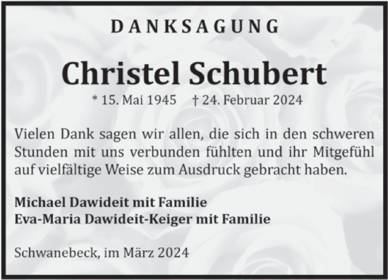 Traueranzeige von Christel Schubert von Volksstimme Halberstadt