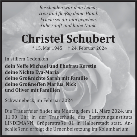 Traueranzeige von Christel Schubert von Volksstimme Halberstadt