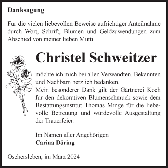 Traueranzeige von Christel Schweitzer von Volksstimme Oschersleben/Wanzleben