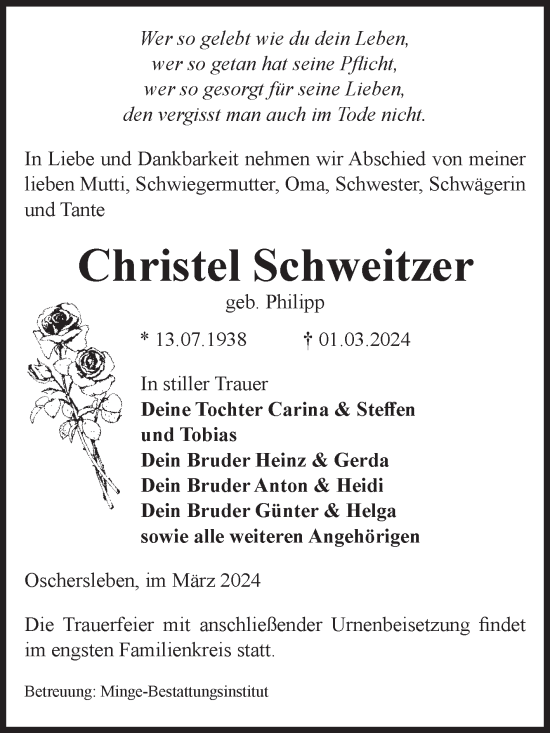 Traueranzeige von Christel Schweitzer von Volksstimme Oschersleben/Wanzleben