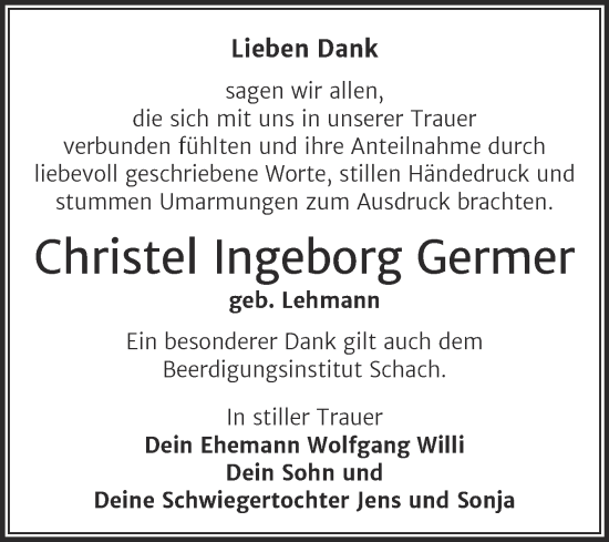 Traueranzeige von Christel Ingeborg Germer von Trauerkombi Wittenberg