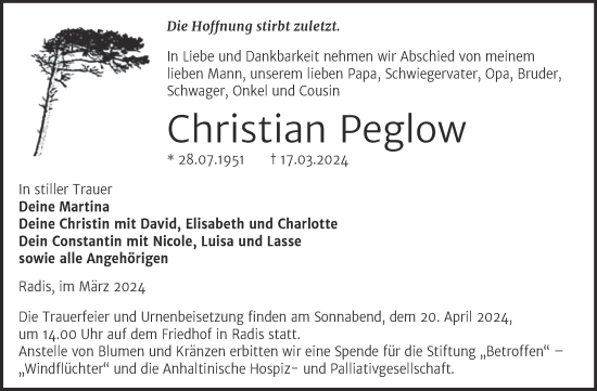 Traueranzeige von Christian Peglow von Trauerkombi Wittenberg