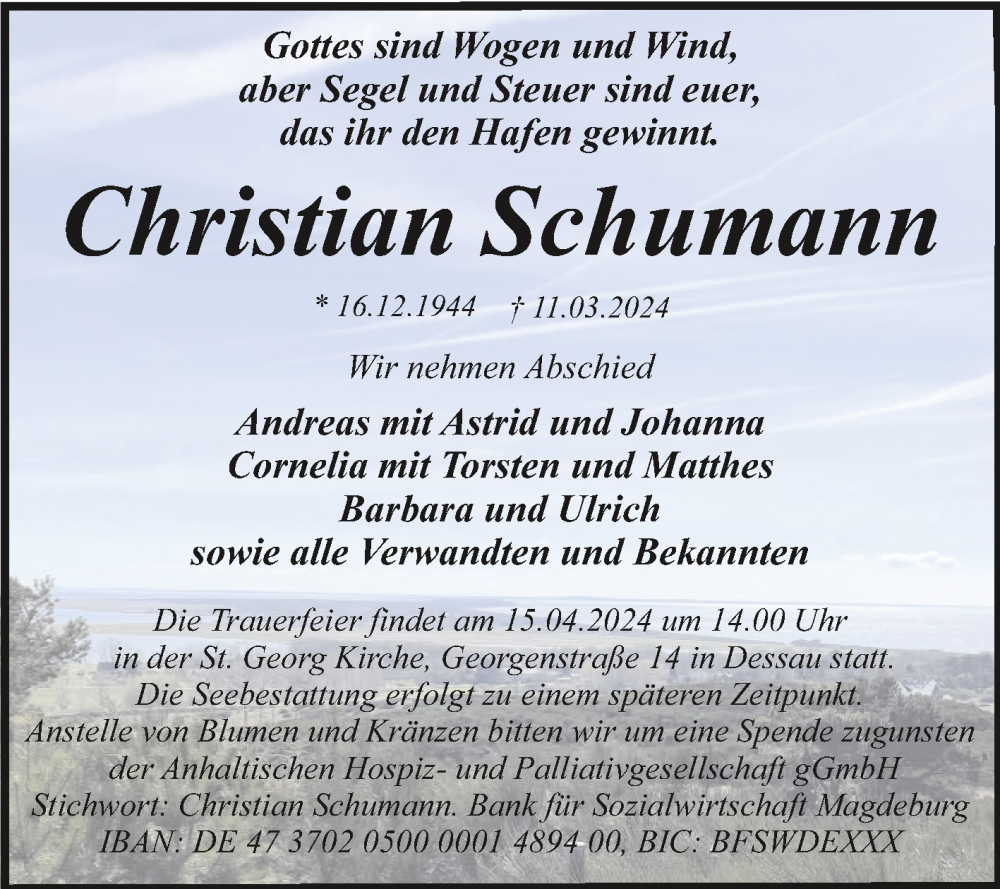  Traueranzeige für Christian Schumann vom 30.03.2024 aus Trauerkombi Dessau