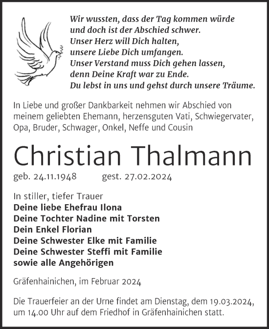 Traueranzeige von Christian Thalmann von Trauerkombi Wittenberg
