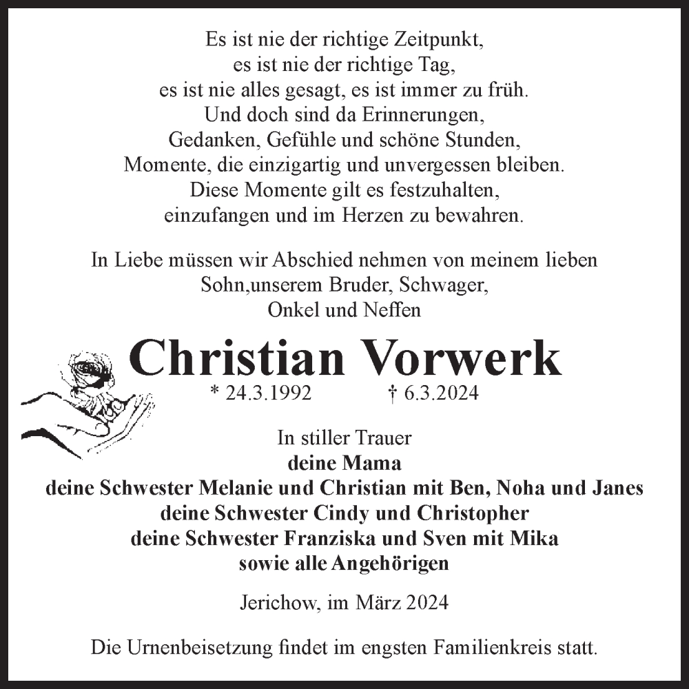  Traueranzeige für Christian Vorwerk vom 16.03.2024 aus Volksstimme Burg/Genthin