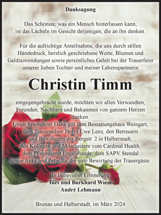 Traueranzeige von Christin Timm von Volksstimme Altmark West