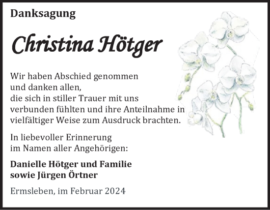 Traueranzeige von Christina Hötger von Trauerkombi Aschersleben